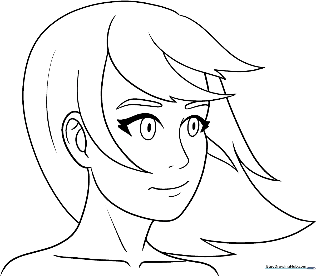 Black and white line art of various anime hairstyles for girls, featuring distinct bangs and flowing layers ready for coloring.