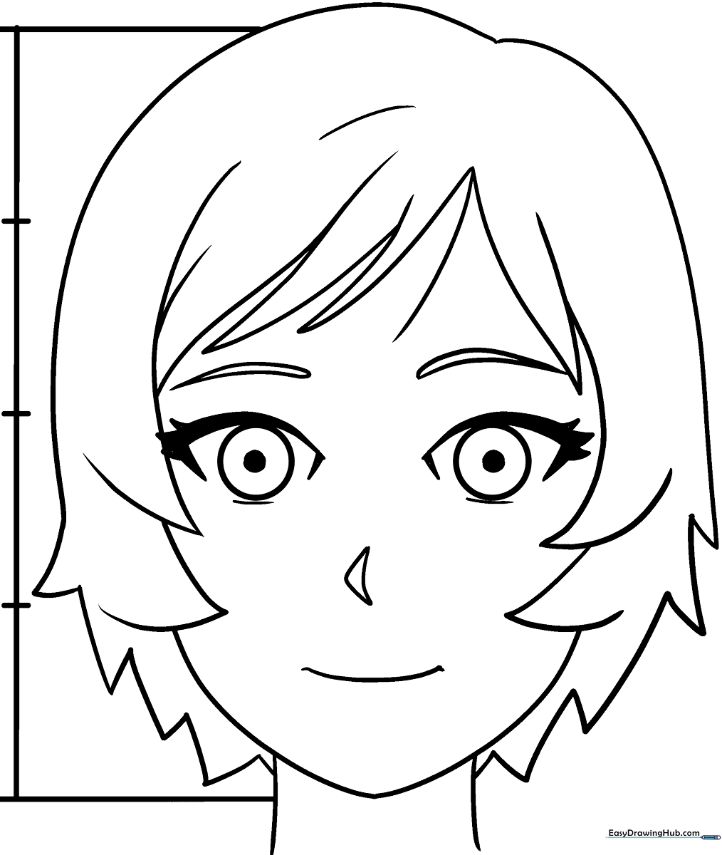 Line art of an anime girl's face in front view, featuring large expressive eyes and simple hair strands, ready for coloring.