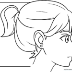 Black and white line art of an anime girl's face in side profile, featuring large expressive eyes and stylized hair, ready for coloring.