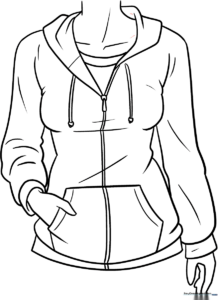 Line art of a casual anime-style hoodie with drawstrings and a front pocket, ready for coloring.