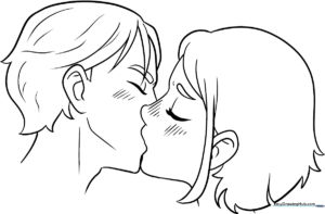 Line art illustration of an anime couple sharing a kiss, featuring clean outlines suitable for coloring with markers or colored pencils.