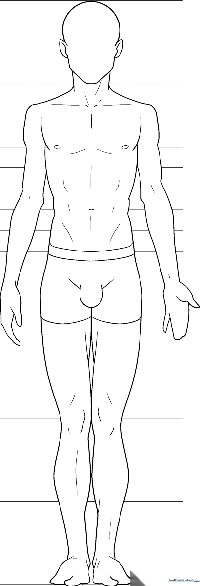 Clean black and white line art of a male anime character standing in a neutral pose, ideal for practicing manga anatomy and coloring techniques.
