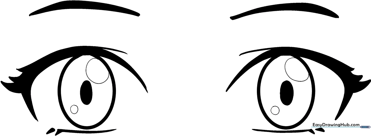 Black and white line art of various anime manga eye styles, featuring large pupils and distinct highlights, ready for coloring.