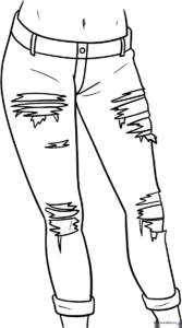 Black and white line art of anime-style jeans with distressed rips at the knees, designed for children to color and practice shading fabric textures.