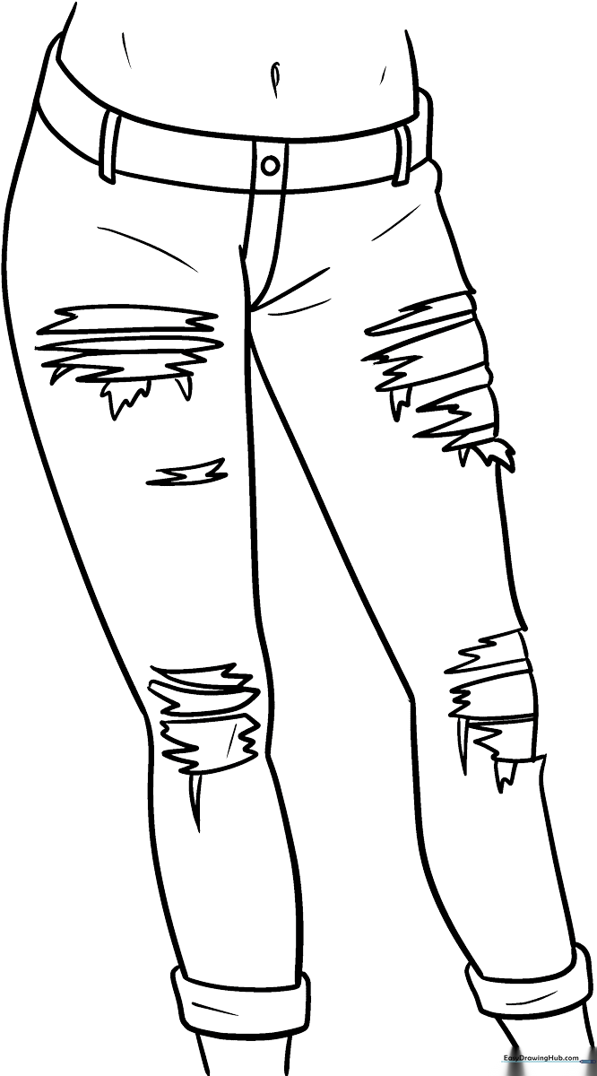 Black and white line art of anime-style jeans with distressed rips at the knees, designed for children to color and practice shading fabric textures.