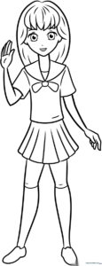 Line art of an anime school girl with a pleated skirt and blazer, designed for children to color with markers or pencils.
