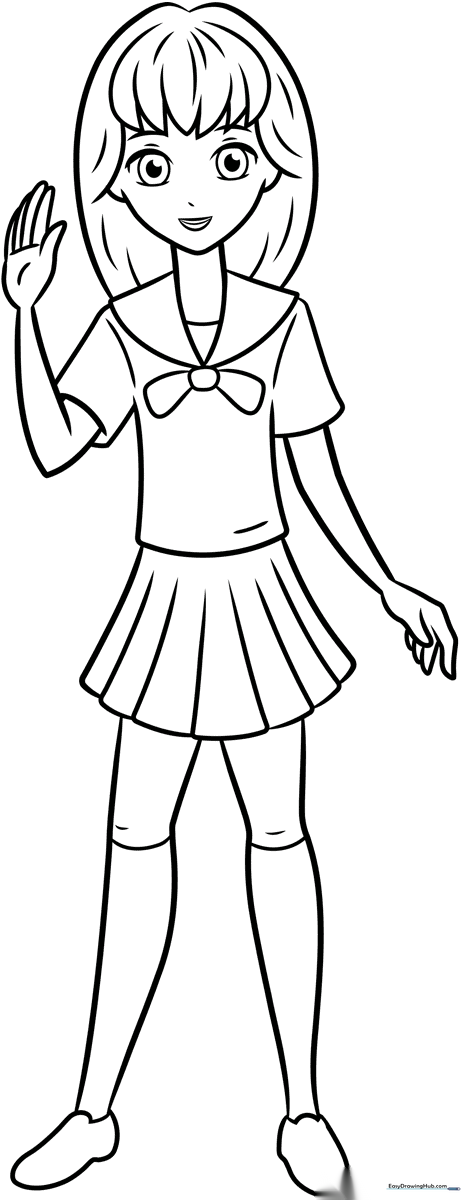 Line art of an anime school girl with a pleated skirt and blazer, designed for children to color with markers or pencils.
