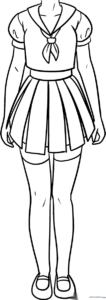 Line art of an anime school girl uniform featuring a pleated skirt, collared shirt, and ribbon, ready for coloring.