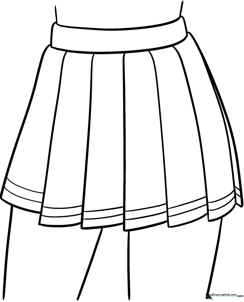 Black and white line art of a pleated anime-style skirt with clear outlines for easy coloring by children.