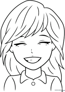 Black and white line art of a cheerful anime face with a wide smile, designed for children to color and customize.