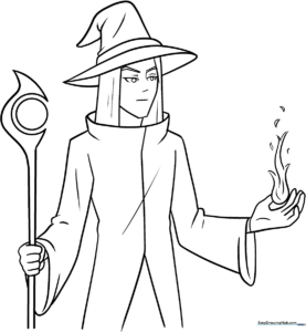 Black and white line art of an anime-style wizard wearing a pointed hat and flowing robes, ready for coloring.