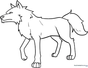 Detailed anime wolf character outline with bold lines, designed for children to practice coloring within the lines and experimenting with fur shading.