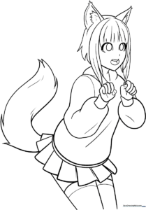 Line art of an anime-style girl with wolf ears and flowing hair, designed for children to color with markers or pencils.