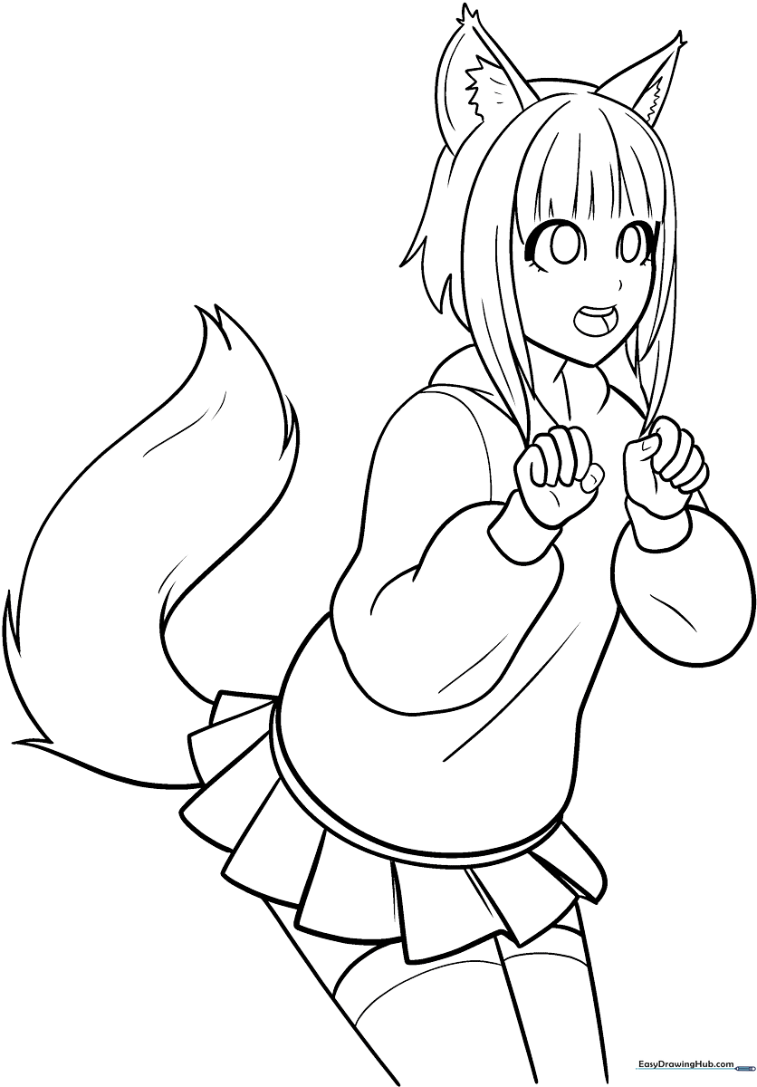 Line art of an anime-style girl with wolf ears and flowing hair, designed for children to color with markers or pencils.