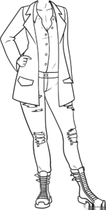 Line art illustration of anime-style women's clothing including a pleated skirt and blouse, designed for coloring practice.