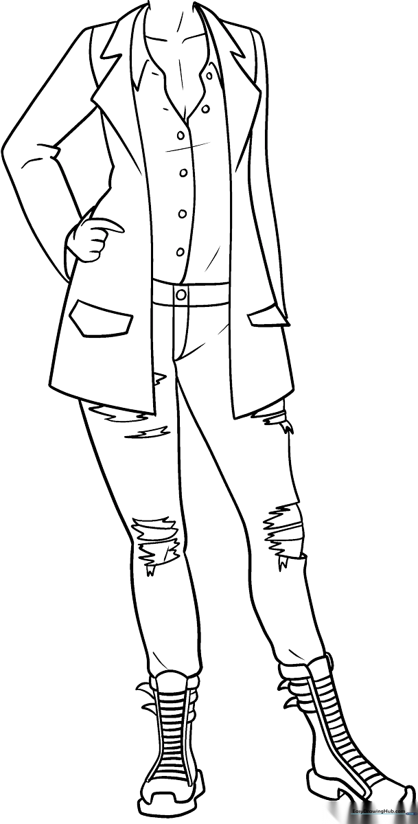 Line art illustration of anime-style women's clothing including a pleated skirt and blouse, designed for coloring practice.