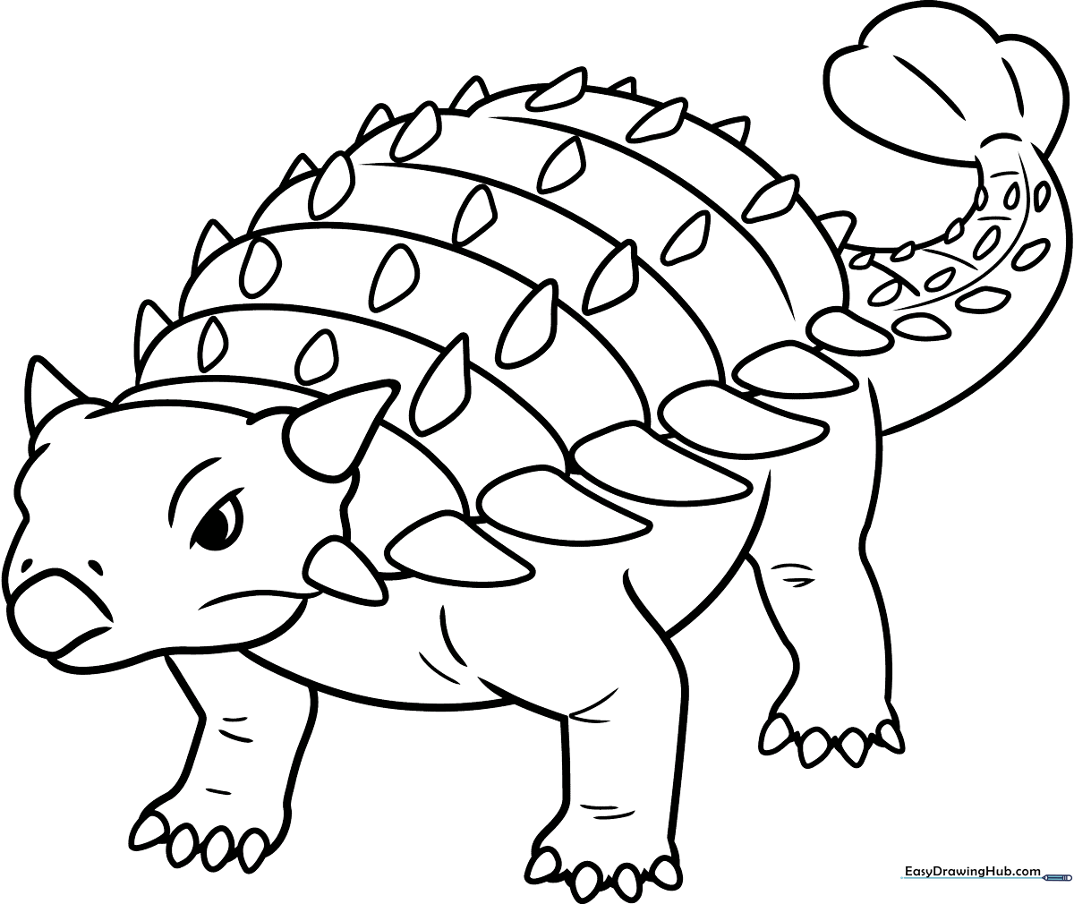 Black and white line art of a friendly Ankylosaurus dinosaur with armored plates, ready for children to color.