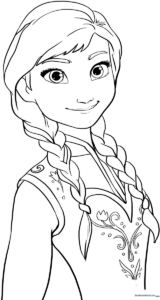 Detailed line art of Anna from Frozen, featuring her signature braided hairstyle and winter outfit, designed for children to color.
