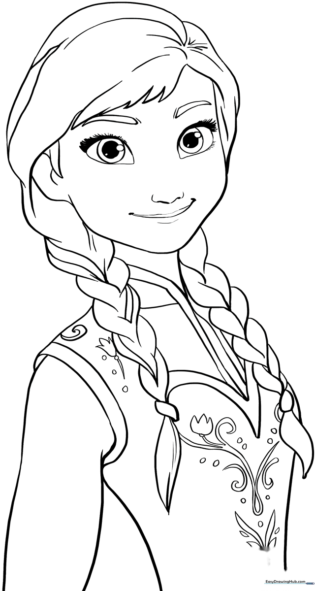 Detailed line art of Anna from Frozen, featuring her signature braided hairstyle and winter outfit, designed for children to color.