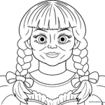 Black and white line art of the Annabelle doll featuring her signature braided hair and vintage dress, designed for coloring practice.