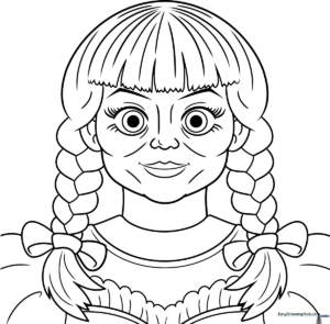 Black and white line art of the Annabelle doll featuring her signature braided hair and vintage dress, designed for coloring practice.