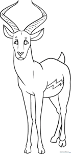 Black and white line art of a graceful antelope standing in profile, featuring clear outlines for easy coloring by children.