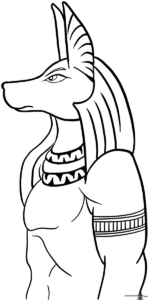 Black and white line art of the Egyptian god Anubis, featuring a jackal head and traditional collar, ready for coloring.