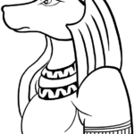 Black and white line art of the Egyptian god Anubis, featuring a jackal head and traditional collar, ready for coloring.