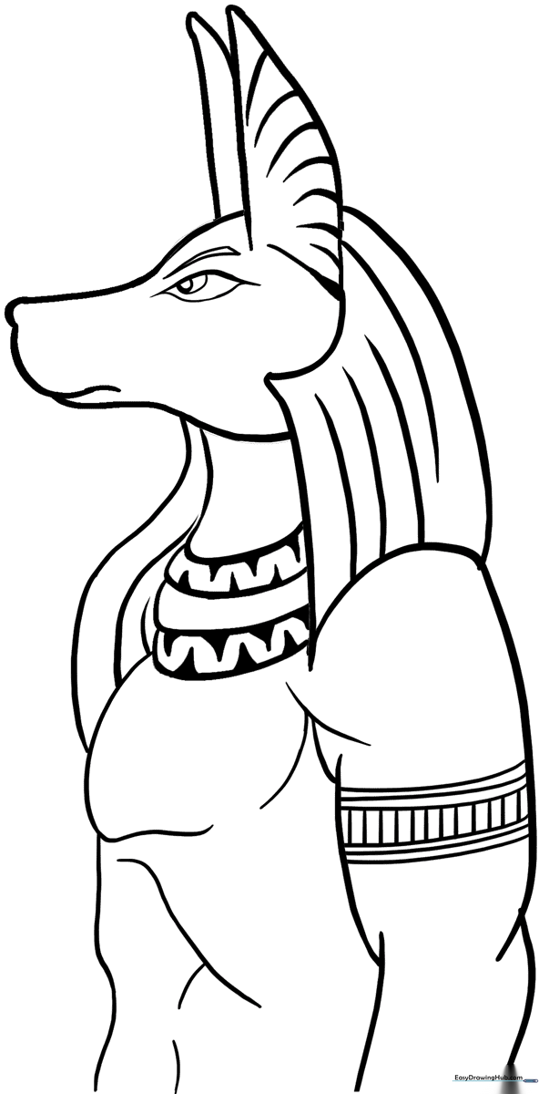 Black and white line art of the Egyptian god Anubis, featuring a jackal head and traditional collar, ready for coloring.