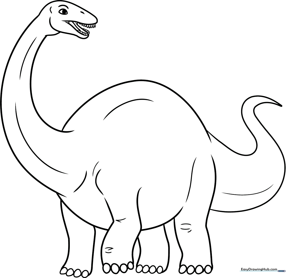 A friendly Apatosaurus dinosaur with a long neck and tail, featuring clean, thick black outlines on a white background, ideal for children's coloring activities.