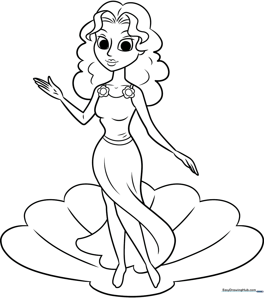 Line art illustration of Aphrodite with flowing hair and classical robes, designed for children to color with markers or pencils.