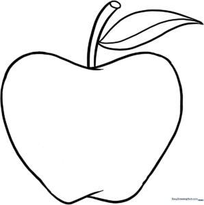 A clean, bold-lined illustration of a single apple with a leaf and stem, designed for easy coloring by young children.
