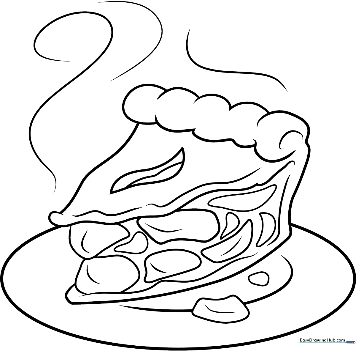 A clean, black-and-white line art illustration of a freshly baked apple pie in a tin, featuring a lattice crust top, designed for children to color.
