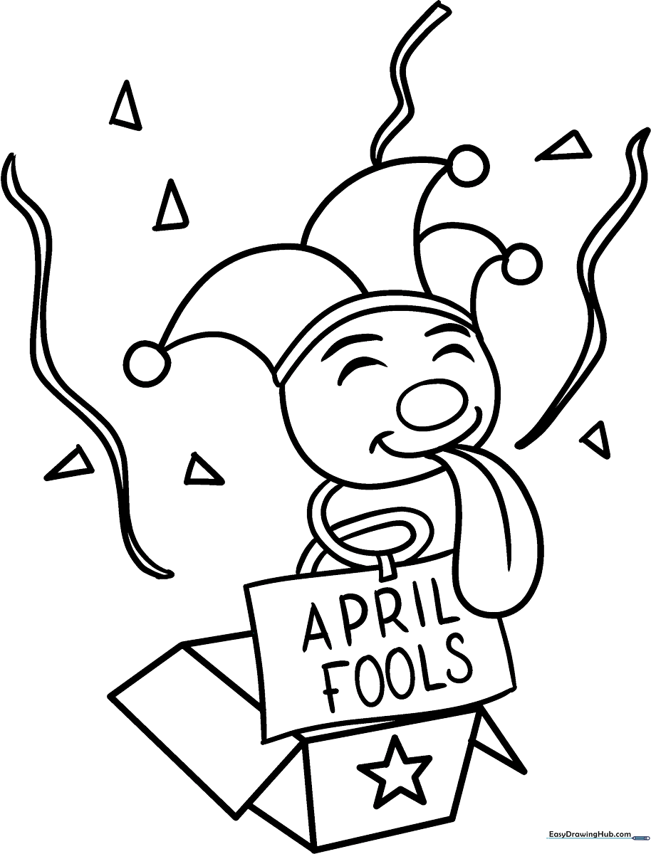 Black and white line art of a jack-in-the-box toy popping out for an April Fools' Day surprise, featuring clean outlines for easy coloring.