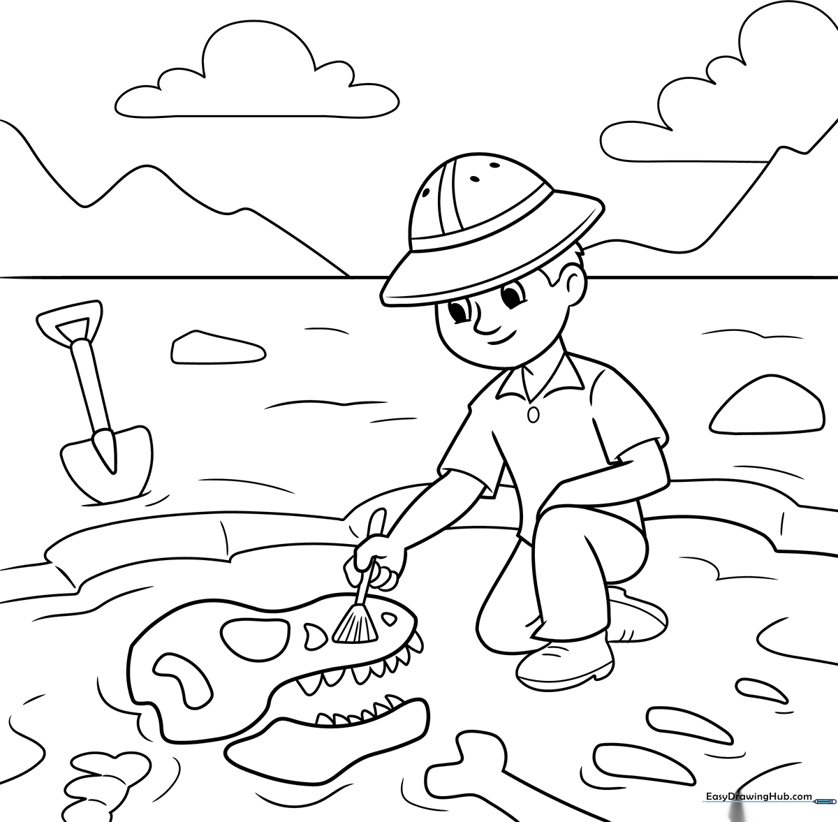 A friendly cartoon archaeologist holding a brush and magnifying glass, ready for coloring on a clean white background.