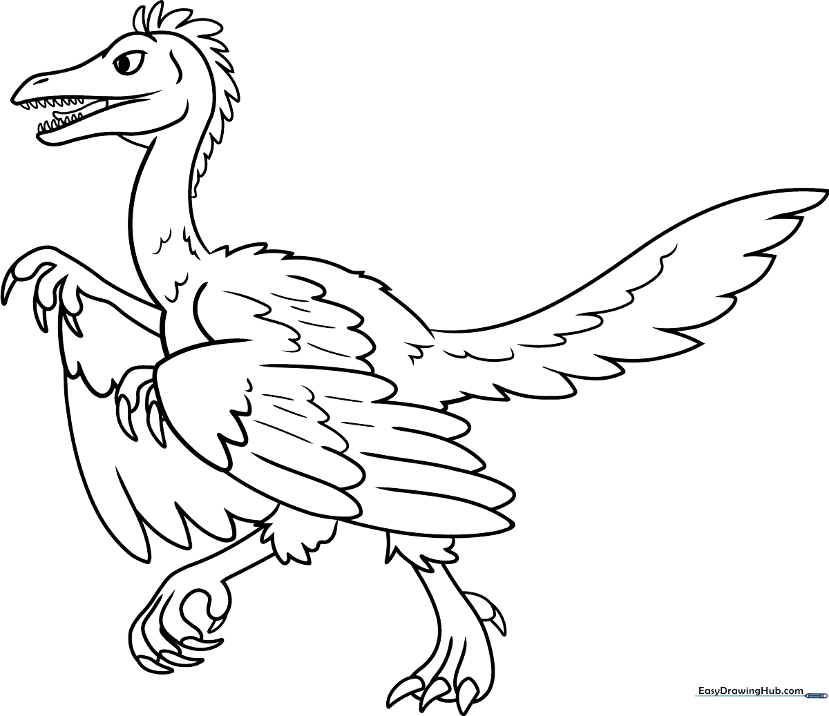 Black and white line art of an Archaeopteryx dinosaur with feathered wings and a long tail, ready for children to color.