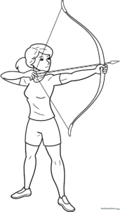 Line art illustration of a female archer holding a bow, ready for coloring with clear outlines for easy filling.