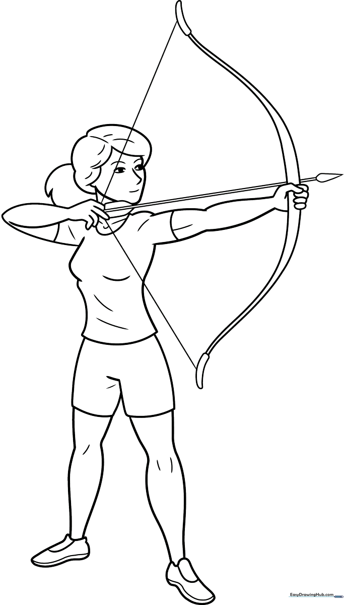 Line art illustration of a female archer holding a bow, ready for coloring with clear outlines for easy filling.