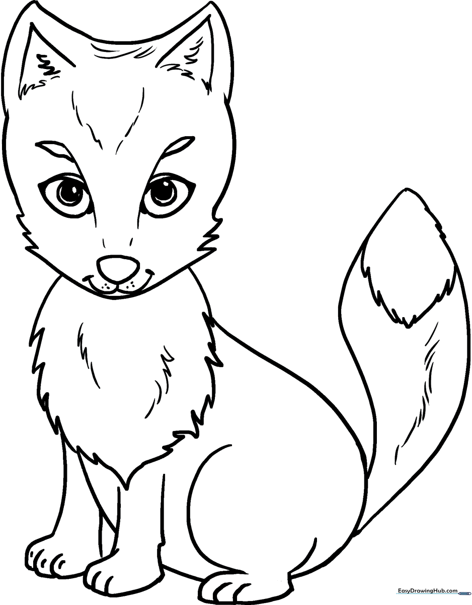 A clean, black-and-white line art illustration of a cute Arctic Fox sitting in a snowy landscape, designed for children to color.