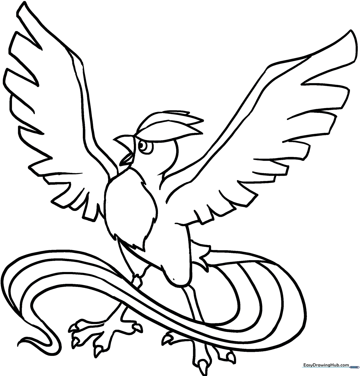 Black and white line art of Articuno, the legendary Ice-type Pokémon, featuring detailed feathers and long tail streamers ready for coloring.