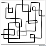 Black and white geometric pattern coloring sheet featuring repeating triangles, circles, and squares for artistic practice.