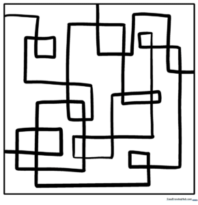 Black and white geometric pattern coloring sheet featuring repeating triangles, circles, and squares for artistic practice.
