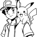 Black and white line art of Ash Ketchum standing next to Pikachu, designed for children to color with markers or crayons.