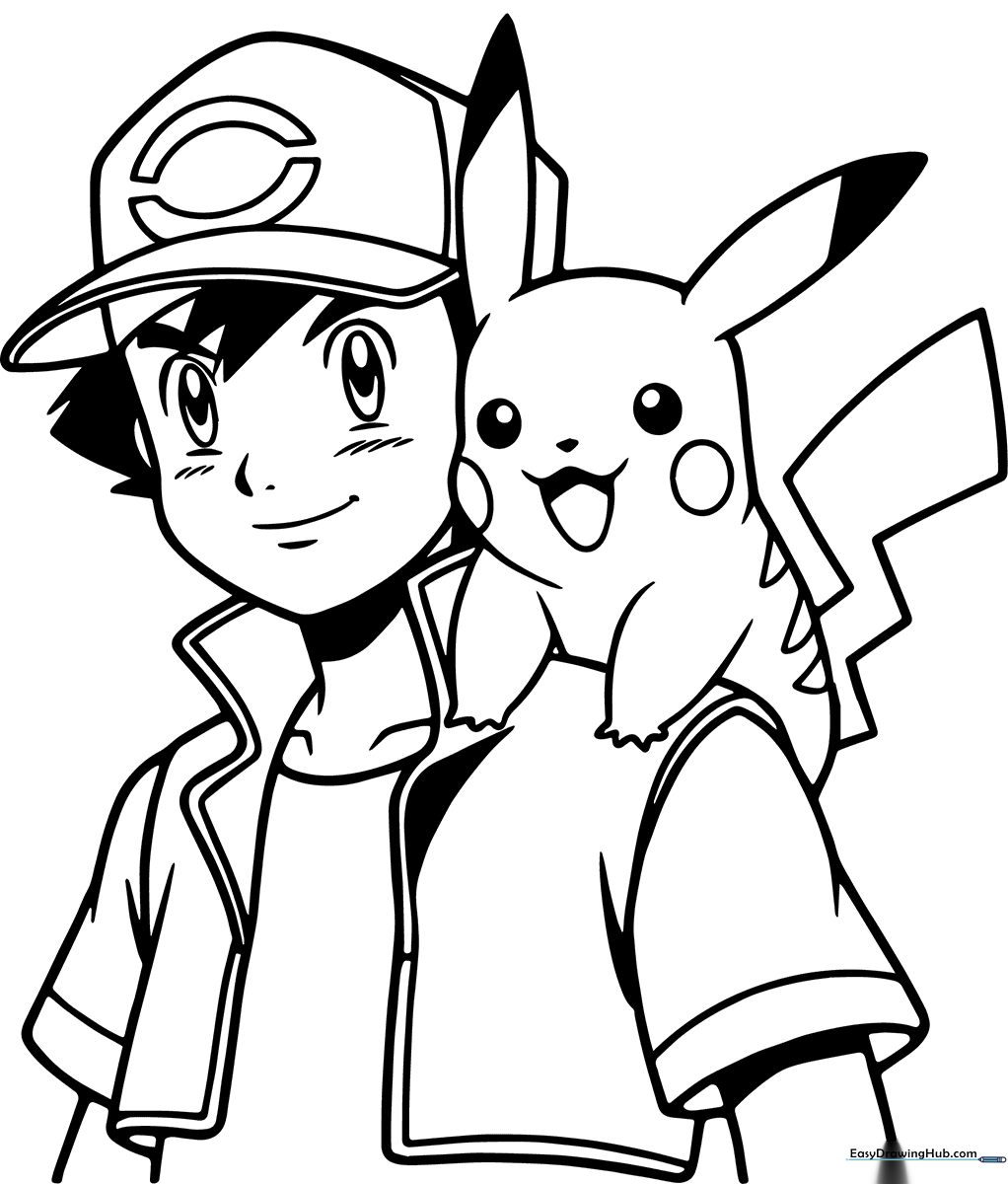 Black and white line art of Ash Ketchum standing next to Pikachu, designed for children to color with markers or crayons.