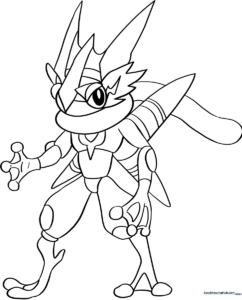 Black and white line art of Ash-Greninja in a dynamic ninja pose, featuring clear outlines for easy coloring and detailed character features.