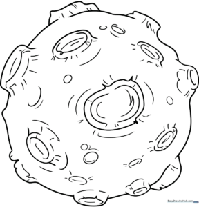 A friendly cartoon asteroid with craters and a rocky texture, outlined in bold lines for easy coloring by children.