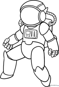 A clean, black-and-white line art illustration of an astronaut in a space suit, featuring clear outlines for easy coloring by children.