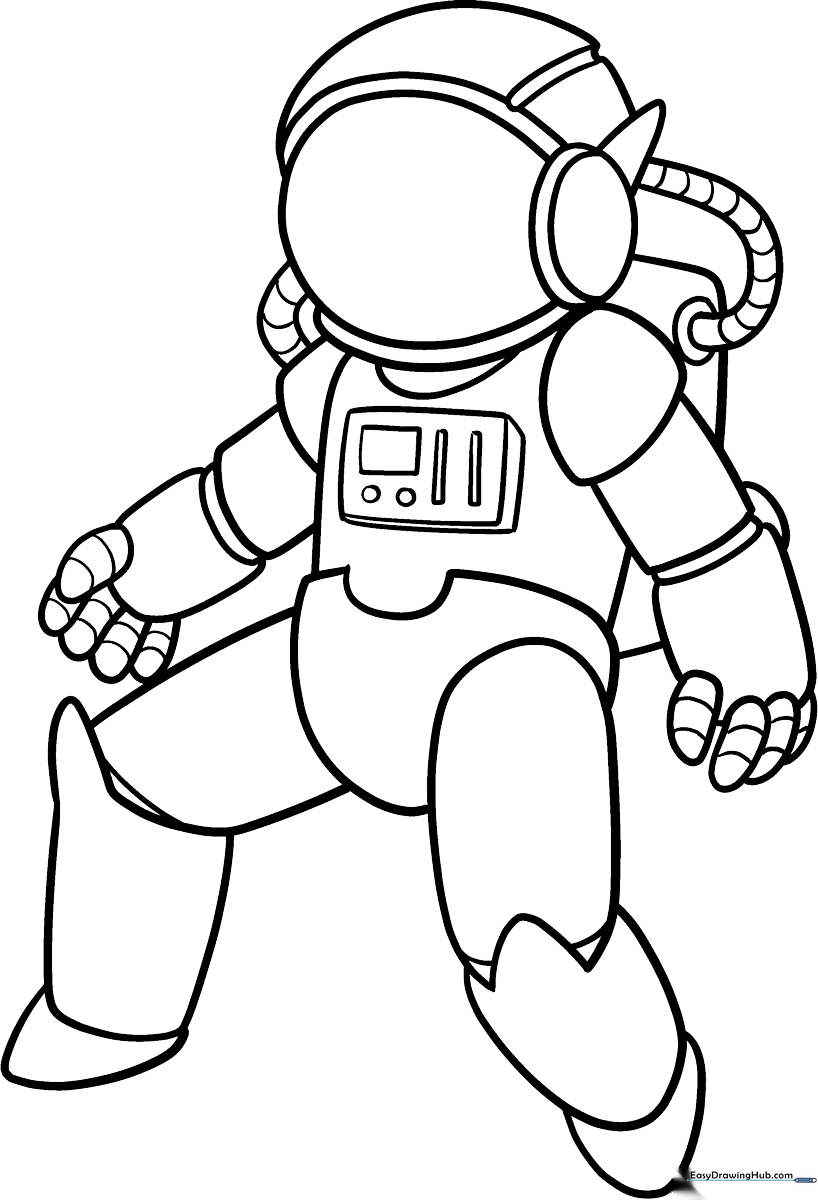 A clean, black-and-white line art illustration of an astronaut in a space suit, featuring clear outlines for easy coloring by children.