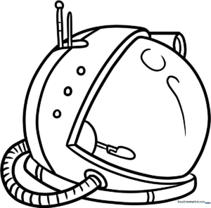 Black and white line art of an astronaut helmet with a large curved visor, perfect for children to color with space-themed markers or crayons.