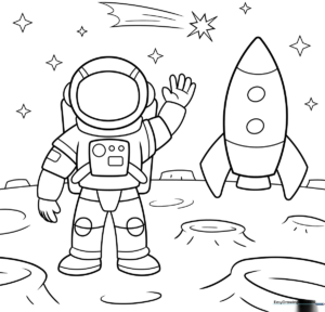 An astronaut in a detailed space suit walking on the moon with craters and stars in the background, ready for coloring.